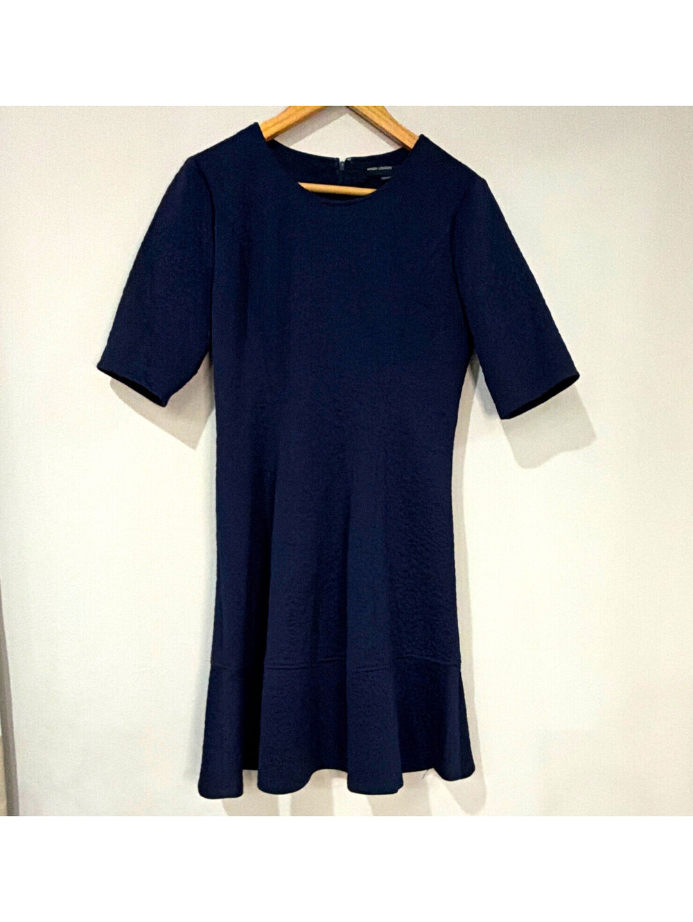 Maggy London Navy Solid Short Sleeve Round Neck A-Line Knit Dress Zip 8